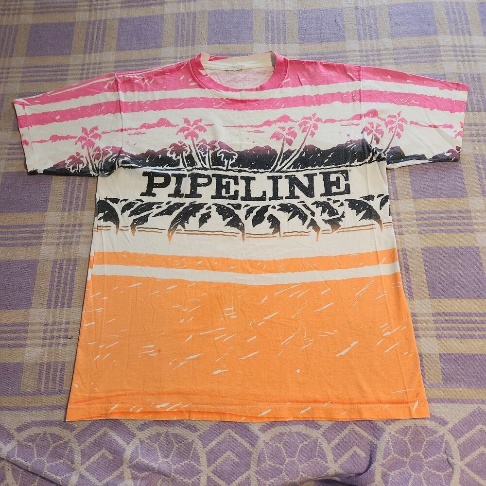 Vintage 90s Pipeline USA All Over Print T-Shirt 1990 Beach Surf Skate Single GPI